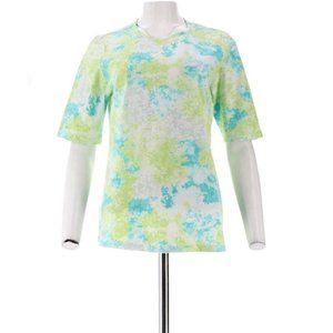 NWT DENIM & CO. PERFECT JERSEY ELBOW SLEEVE WATERCOLOR TOP LIGHT TURQUOISE XXS